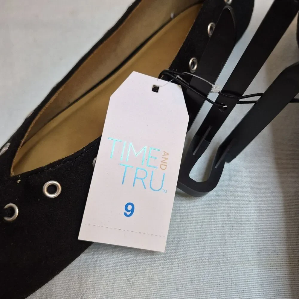 Time And Tru Women's Corset Ballet Flats Size 9 Black Faux Suede  Grommets